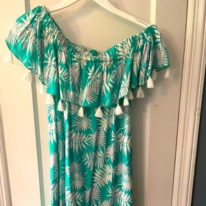 Great off the shoulder tropical print dress with tassels!